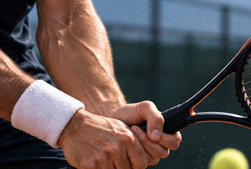 Manos sujetando una raqueta de tenis